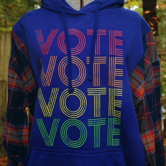 VOTE VOTE Election Reconstructed Hoodie Sweatshirt Navy Blue 2XL Plaid Sleeves - Picture 2 of 8